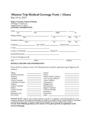 Fillable Online Regent Mission Trip Medical Coverage Form Ghana