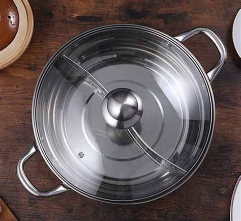 304 Stainless Steel Dual Site Divided Hot Pot With Glass Lid 32cm BBQ BRO