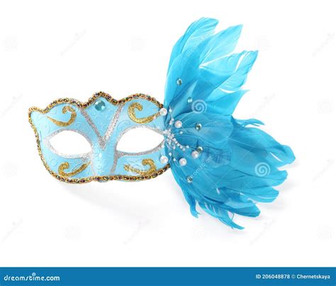 Beautiful Light Blue Carnival Mask With Feathers Isolated On White Top