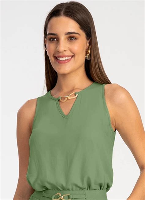 Blusa Ampla Em Viscose Com Detalhe Decote Verde Lunender Feminino