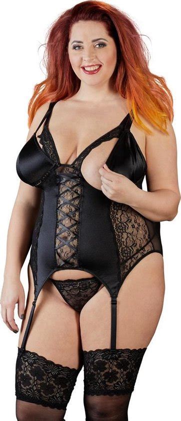 Cottelli Plus Size Sexy Jarretel Hemd Met Veters En Open Kanten