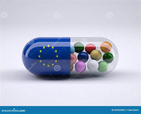 Pill With European Flag Wrapped Around It And Colored Balls Inside