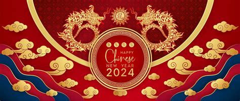 Happy Chinese New Year Dragon Gold Zodiac Sign On Red Background