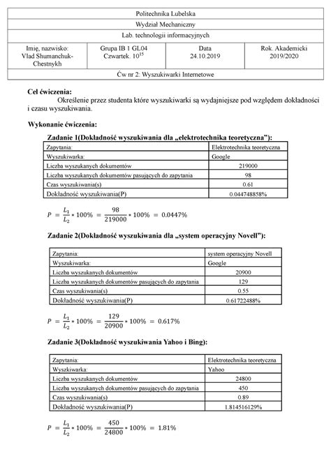 W Nr Wyszukiwarki Internetowe Politechnika Lubelska Wydzia