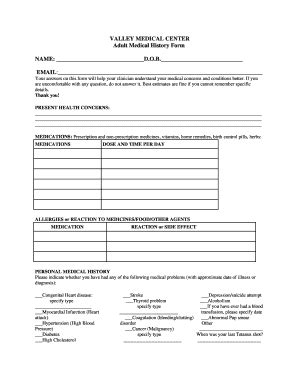 Fillable Online Adult Medical History Form Doc Fax Email Print Pdffiller