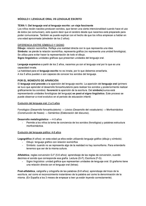 Parcial 1 MÓdulo I Lenguaje Oral Vs Lenguaje Escrito Tema 1 Del Lenguaje Oral Al Lenguaje