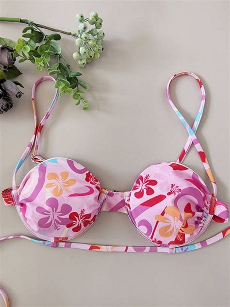 Emmiol Free Shipping 2023 Floral Print Underwire String Bikini Set Pink