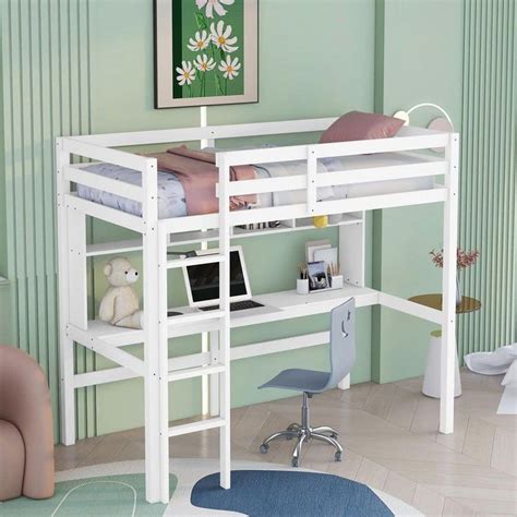 Urtr White Twin Size Loft Bed With Desk Wooden Loft Bed Frame With