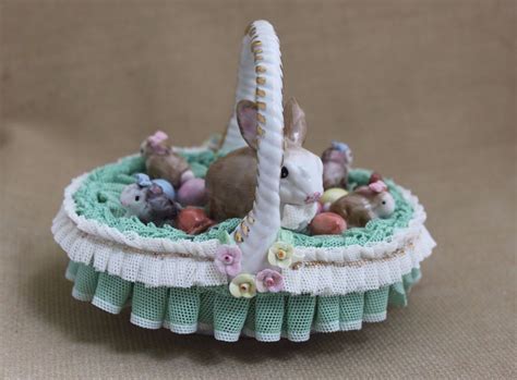 Mz Irish Dresden Lace Porcelain Easter Basket With Bunnies And Eggs