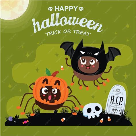 Premium Vector Vintage Halloween Poster Design With Vector Spider Bat