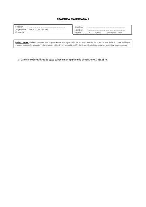 1PC PRACTICA CALIFICADA 1 1 Calcular Cuntos Litros De Agua