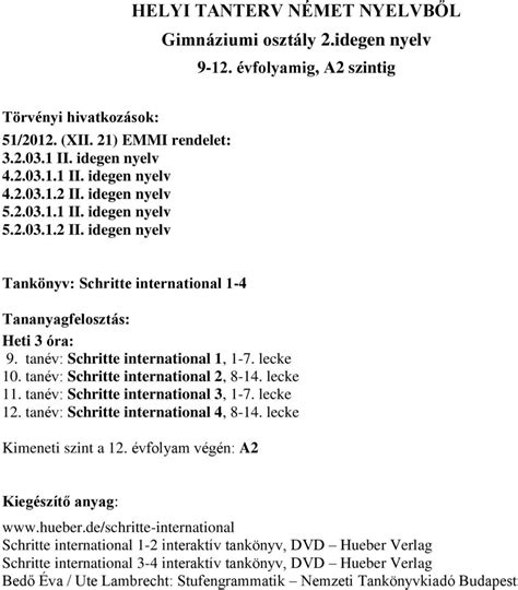 Helyi Tanterv N Met Nyelvb L Gimn Ziumi Oszt Ly Idegen Nyelv Pdf