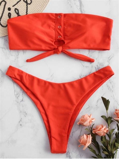 ZAFUL Snap Button Keyhole Bandeau Bikini Set BRIGHT ORANGE L