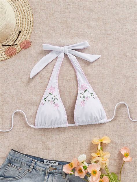 Swim Mod Halter Neck Backless Deep V Vintage Floral Print Bikini Top For Summer Beach Vacation