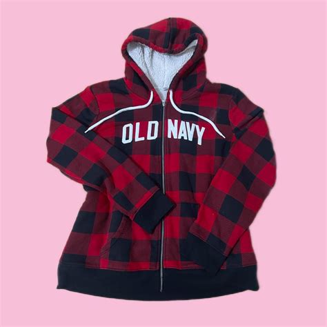 plaid zipup hoodie old navy size medium small flaw... - Depop