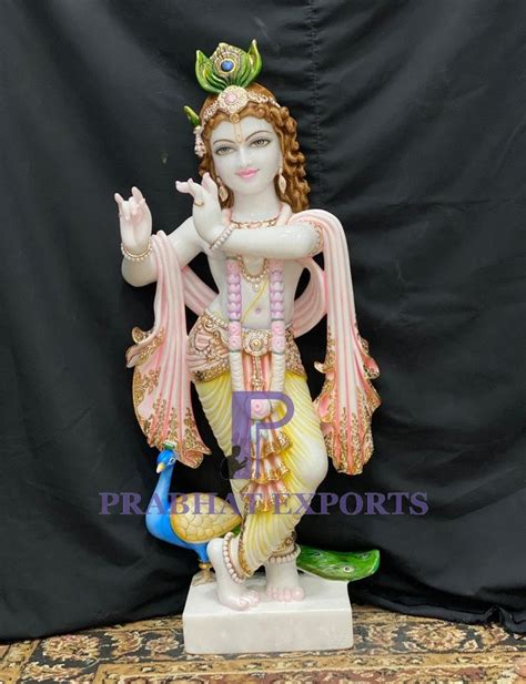 Golden Gold Plated Export Quality White Marble Krishna Statue Size