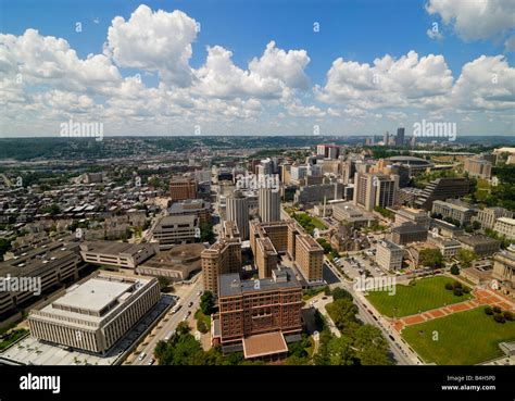 Aerial view of Oakland in Pittsburgh, University of Pittsburgh campus ...