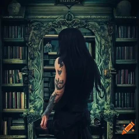 Whimsical Library With A Man Facing Backward And Tattoos Wearing Black