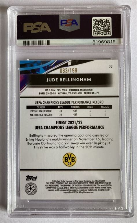 2021 22 TOPPS FINEST UCL JUDE BELLINGHAM 199 RAY WAVE GEM MT PSA 10