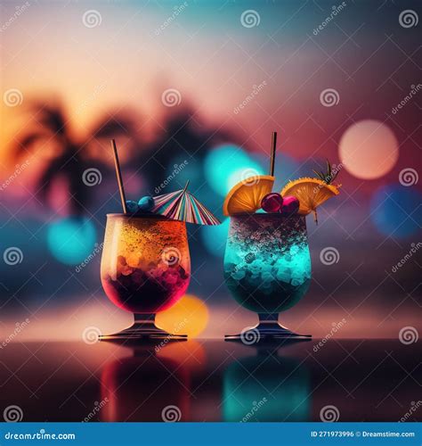 Farbenfrohe Cocktails Auf Einem Tisch Mit Reflexionen Und Einer Strandlandschaft Im Hintergrund