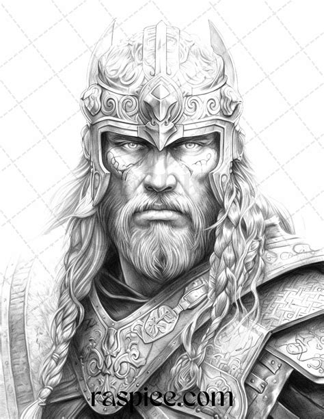 Viking Warriors Portrait Grayscale Coloring Pages Printable For