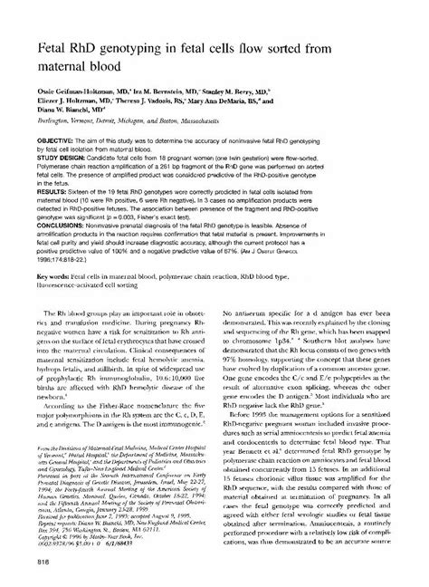 PDF Fetal RhD Genotyping In Fetal Cells Flow Sorted From Maternal