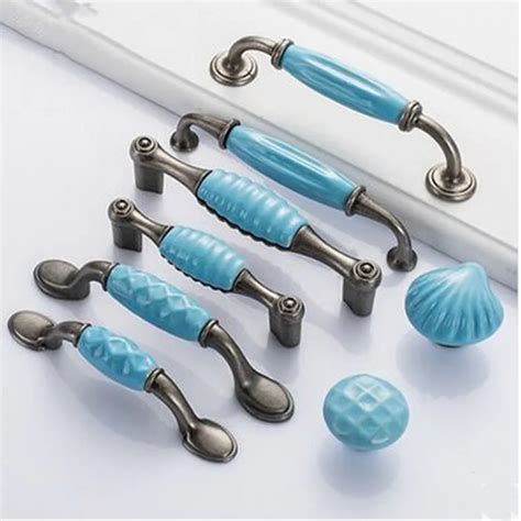 5 Blue Mediterranean Style Furniture Handles Blue Antique Silver