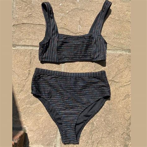 Rainbow Glitter Striped Black High Waisted Bikini Depop
