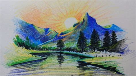 color pencil drawing tutorial mountain lake sunset color pencil
