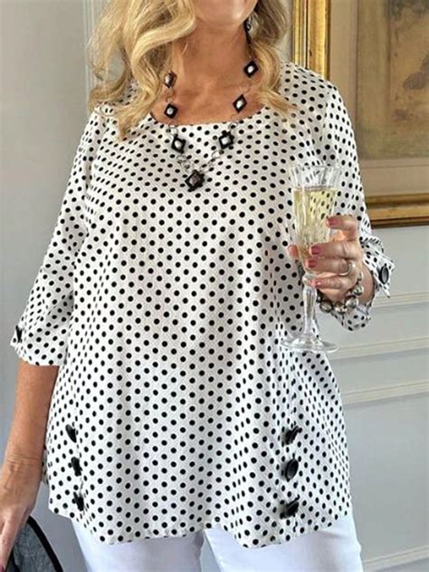 Emery Rose Plus Size Polka Dot Printed Round Neck Blouse Round Neck