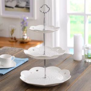 BonNoces 3 Tier Porcelain Cupcake Stand Serving Tray White Embossed