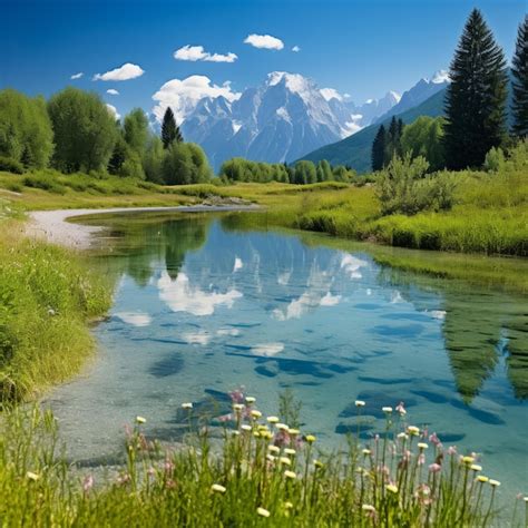 Montanhas E Rio Em Um Vale Rvores Verdes E Flores Brancas Em