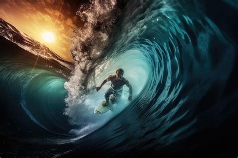 Surfista em uma prancha de surf no oceano renderização 3d uma