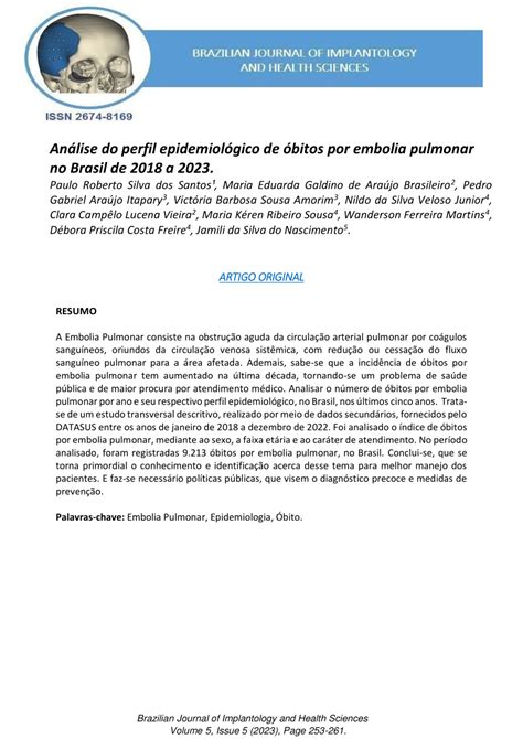 Pdf An Lise Do Perfil Epidemiol Gico De Bitos Por Embolia Pulmonar