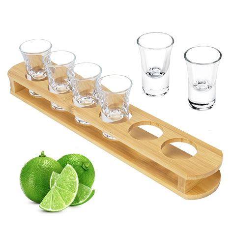 D&Z 1 oz Shot Glasses with Holder, Shot Glass Set in Bamboo Wooden Shot