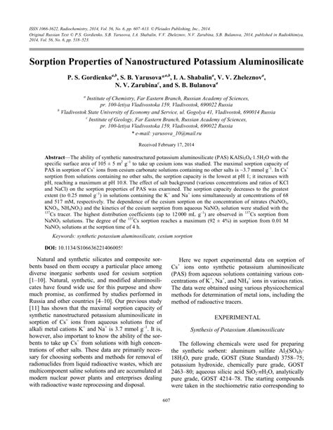 Pdf Sorption Properties Of Nanostructured Potassium Aluminosilicate