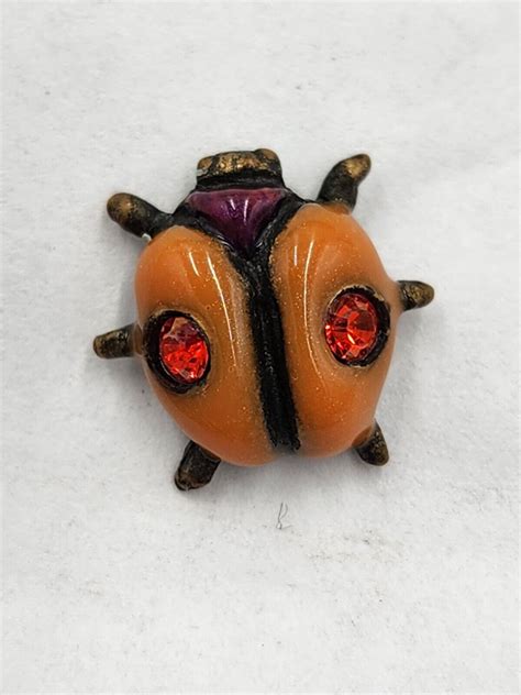 Vintage Orange Enameled Lady Bug Brooch Pin With Oran Gem