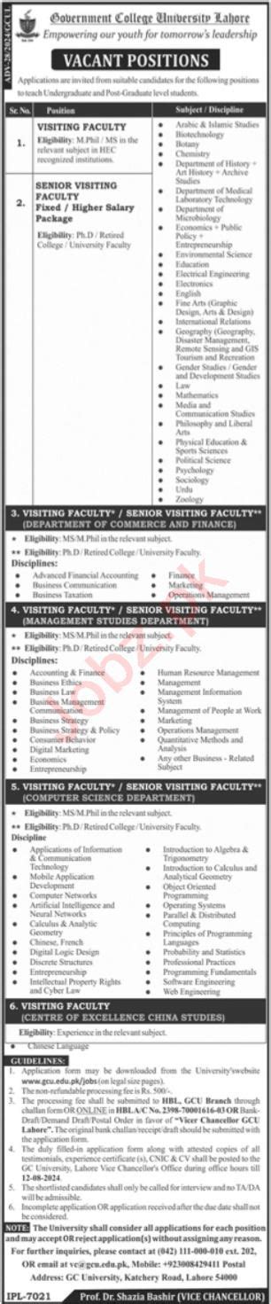 Government College University Lahore Jobs 2024 2024 Job Advertisement