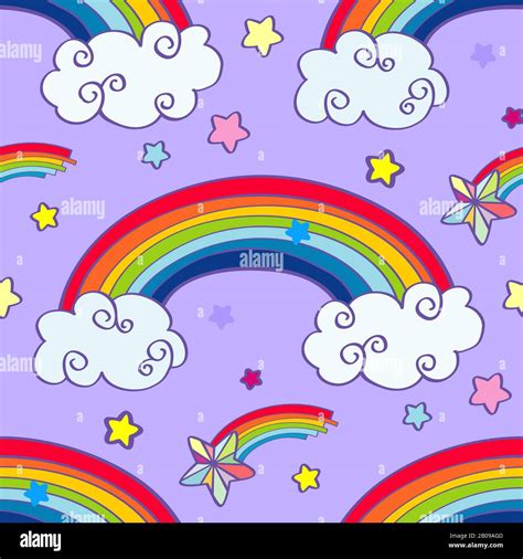 Hand Drawn Cartoon Rainbow Clouds And Falling Stars Seamless Pattern