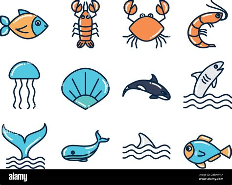 fill style icon set design Sea animals life ecosystem fauna ocean ...