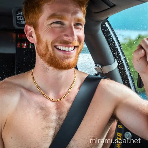 Handsome Redhead Male With Hairy Chest And Necklace Smiling In The