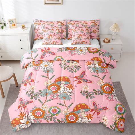 Yst Groovy Comforter Set Twin Size 7 Piecepink 60s 70s Bedding Set For