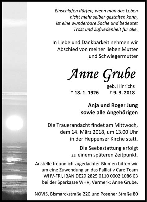 Traueranzeigen Von Anne Grube Nordwest Trauer De