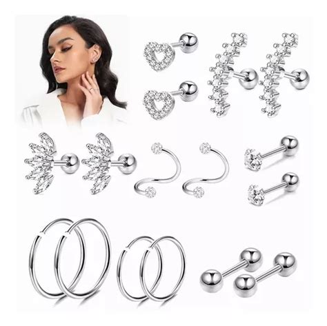 Piercing Aretes Oreja Acero Inoxidable Cartílago Set 8pares MercadoLibre