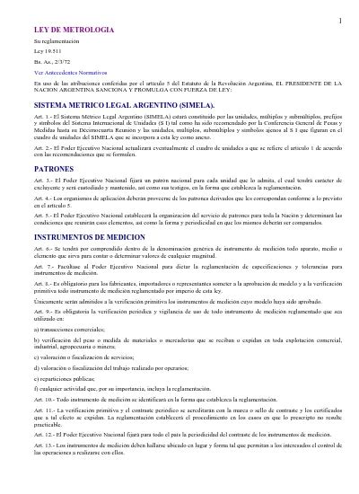 LEY DE METROLOGIA SISTEMA METRICO LEGAL ARGENTINO SIMELA PATRONES