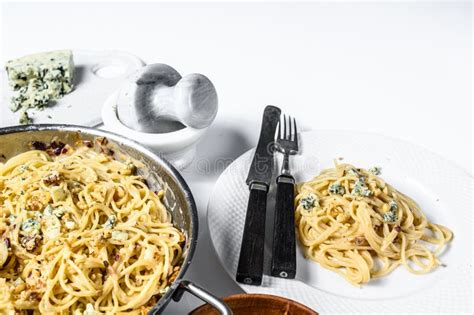 Spaghetti Pasta With Blue Gorgonzola Cheese Sauce White Background Top View Stock Image