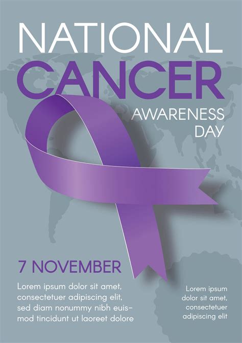 National Cancer Awareness Day. Vertical poster with purple ribbon and ...