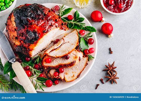 Christmas Glazed Ham With Cranberry Sauce Roasted Holiday Pork Meat