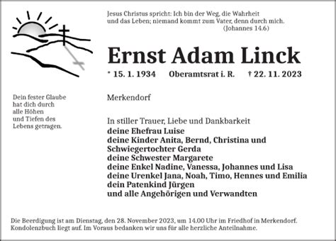 Traueranzeigen Von Ernst Adam Linck Trauer Flz De