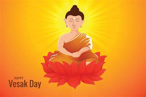 Buddha On Lotus Flower Greeting Card On Happy Vesak Day Background